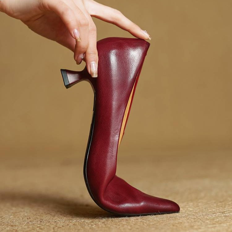 Women's Top-Grain Leather Kitten Heels, Slip-On Pointed Toe Pumps 10