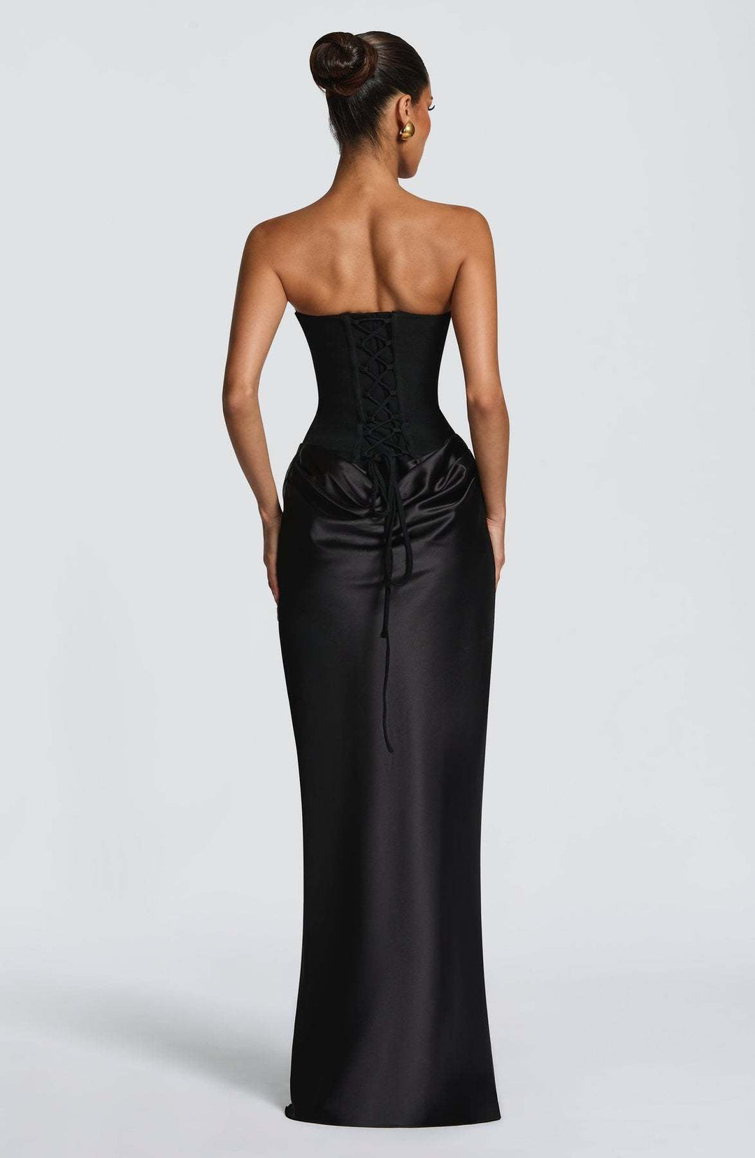 Long Satin Corset Maxi Dress with Draped Choker Neckline and Hip Drape 23