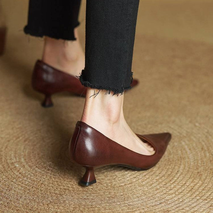Women's Top-Grain Leather Kitten Heels, Slip-On Pointed Toe Pumps 20