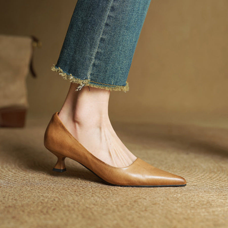 Women's Top-Grain Leather Kitten Heels, Slip-On Pointed Toe Pumps 4