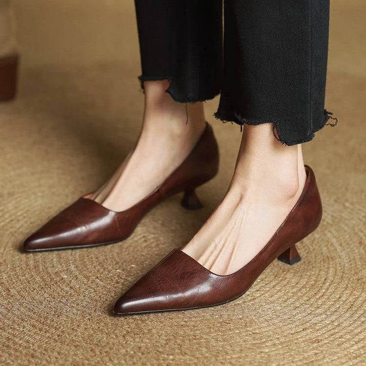 Women's Top-Grain Leather Kitten Heels, Slip-On Pointed Toe Pumps 18