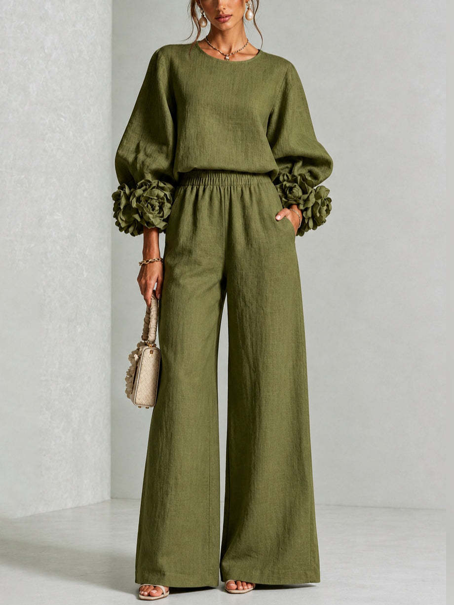 Elegant Two-Piece Set with Statement Sleeves and Wide-Leg Pants 3
