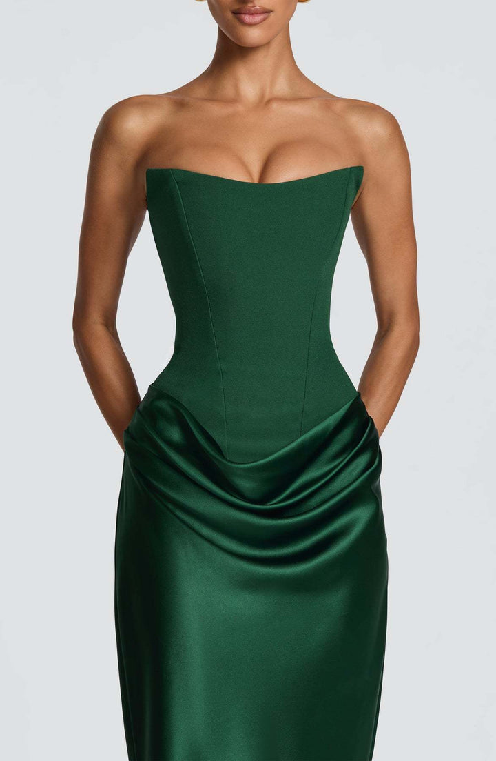 Long Satin Corset Maxi Dress with Draped Choker Neckline and Hip Drape 4