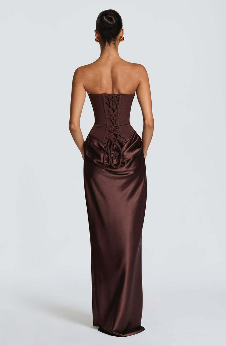 Long Satin Corset Maxi Dress with Draped Choker Neckline and Hip Drape 11