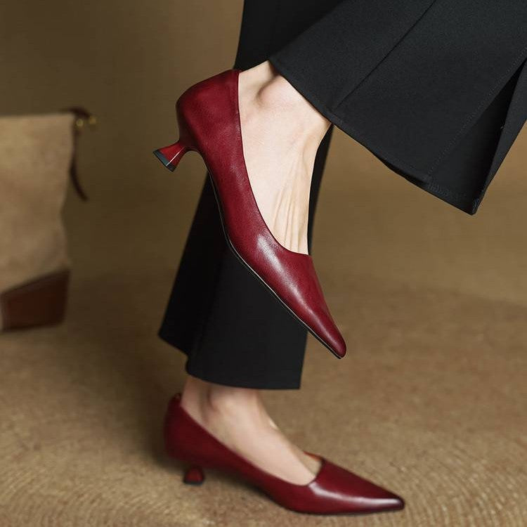 Women's Top-Grain Leather Kitten Heels, Slip-On Pointed Toe Pumps 9