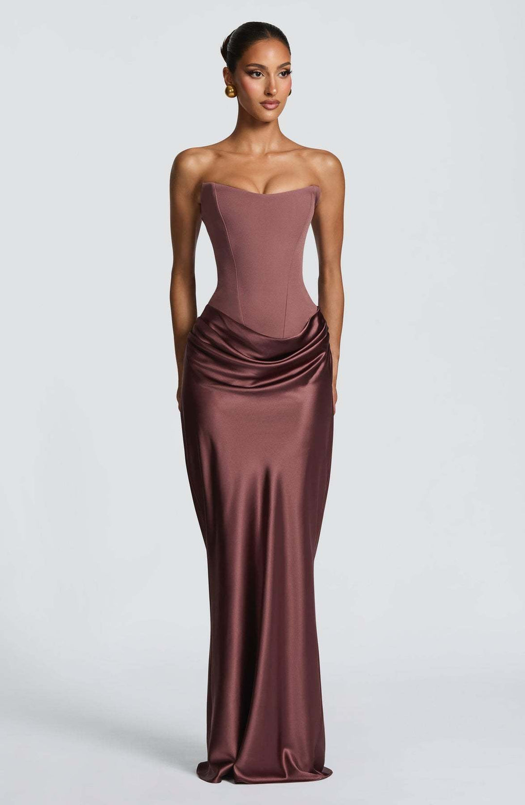 Long Satin Corset Maxi Dress with Draped Choker Neckline and Hip Drape 15