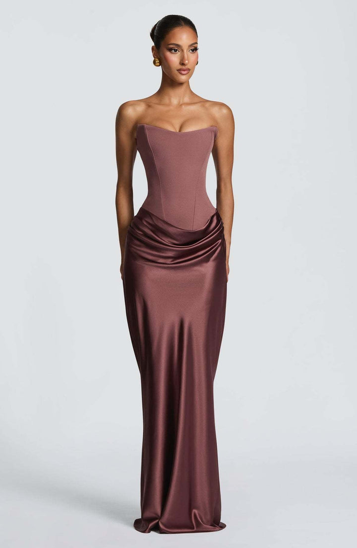 Long Satin Corset Maxi Dress with Draped Choker Neckline and Hip Drape 15