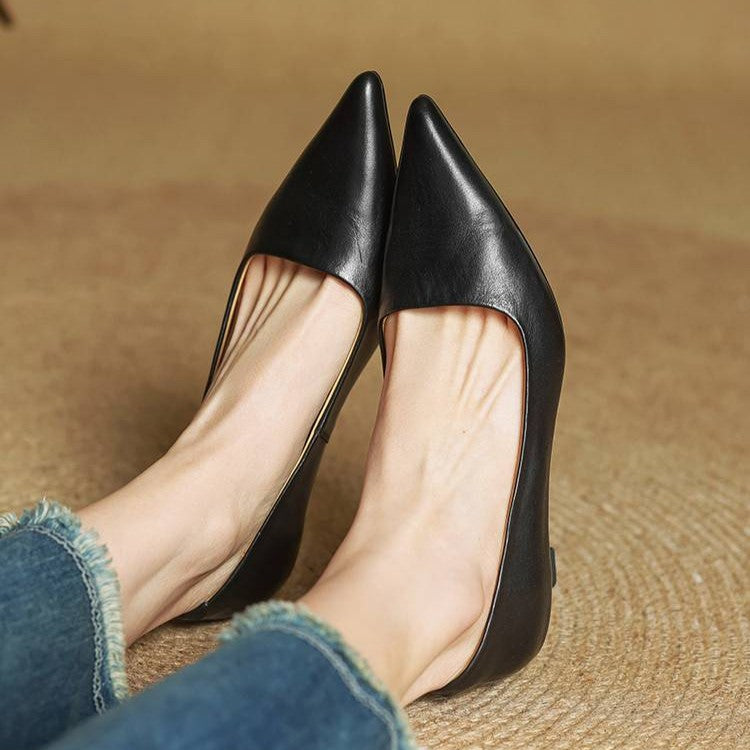 Women's Top-Grain Leather Kitten Heels, Slip-On Pointed Toe Pumps 15