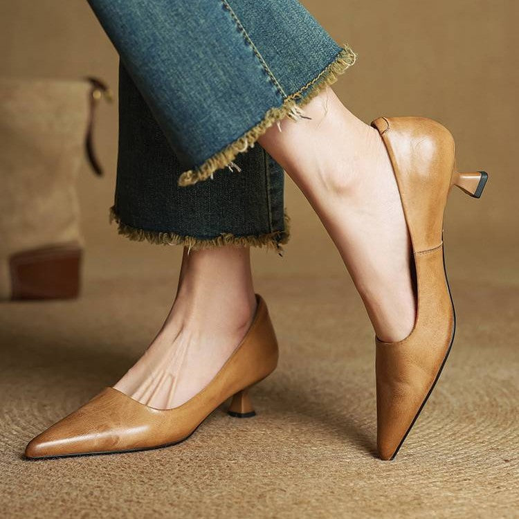 Women's Top-Grain Leather Kitten Heels, Slip-On Pointed Toe Pumps 3