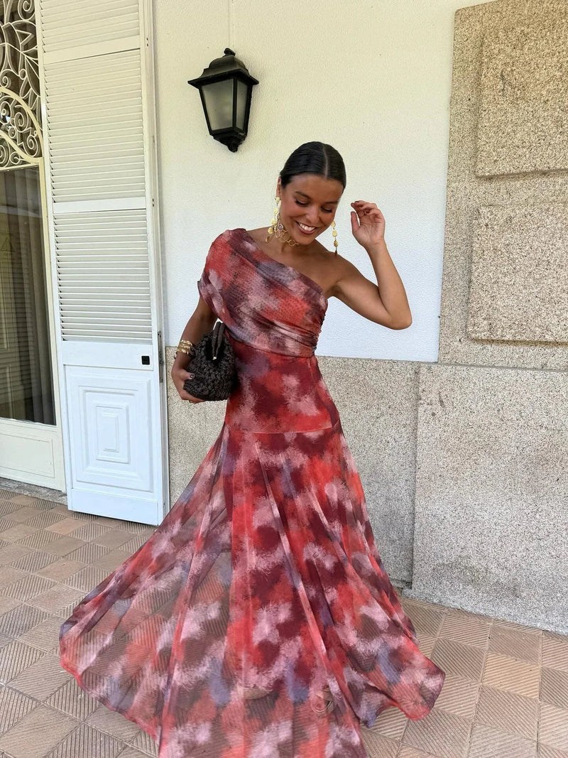 Elegant One-Shoulder Mesh Maxi Dress with Flowing Skirt 2