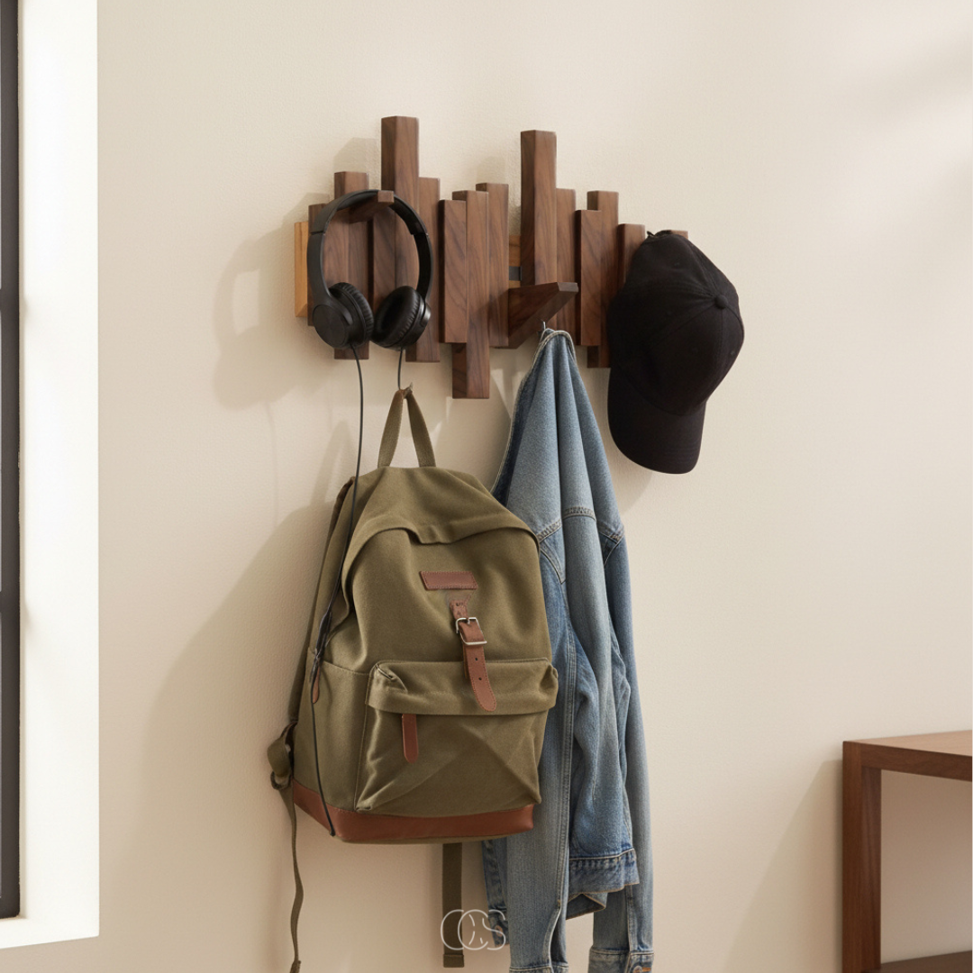 Wooden Piano Wall Coat Rack with Folding Hooks - Hall & Bedroom 4
