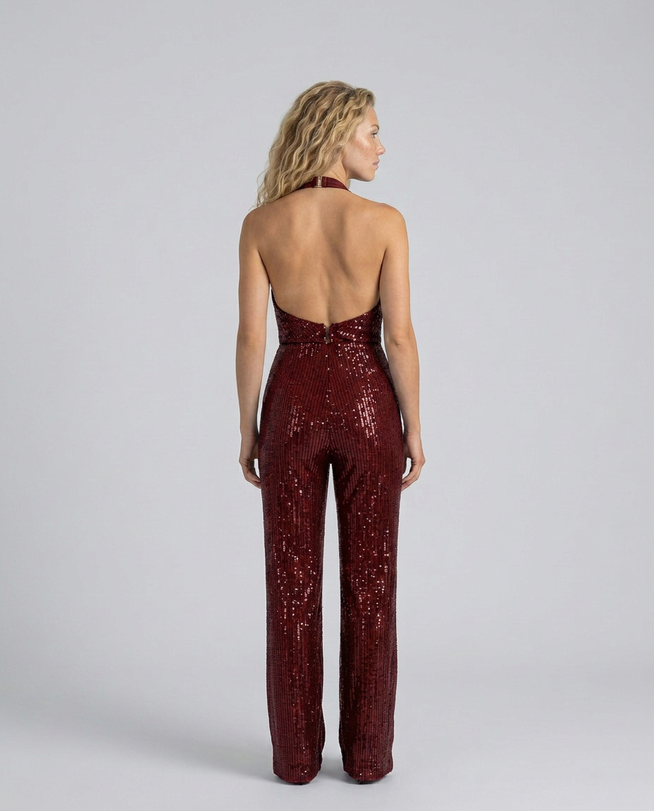 Women's Sequin Halter Neck Jumpsuit with Wide-Leg Pants 26