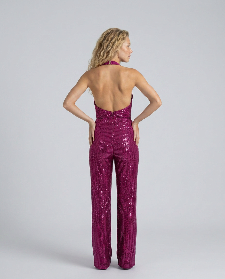 Women's Sequin Halter Neck Jumpsuit with Wide-Leg Pants 18