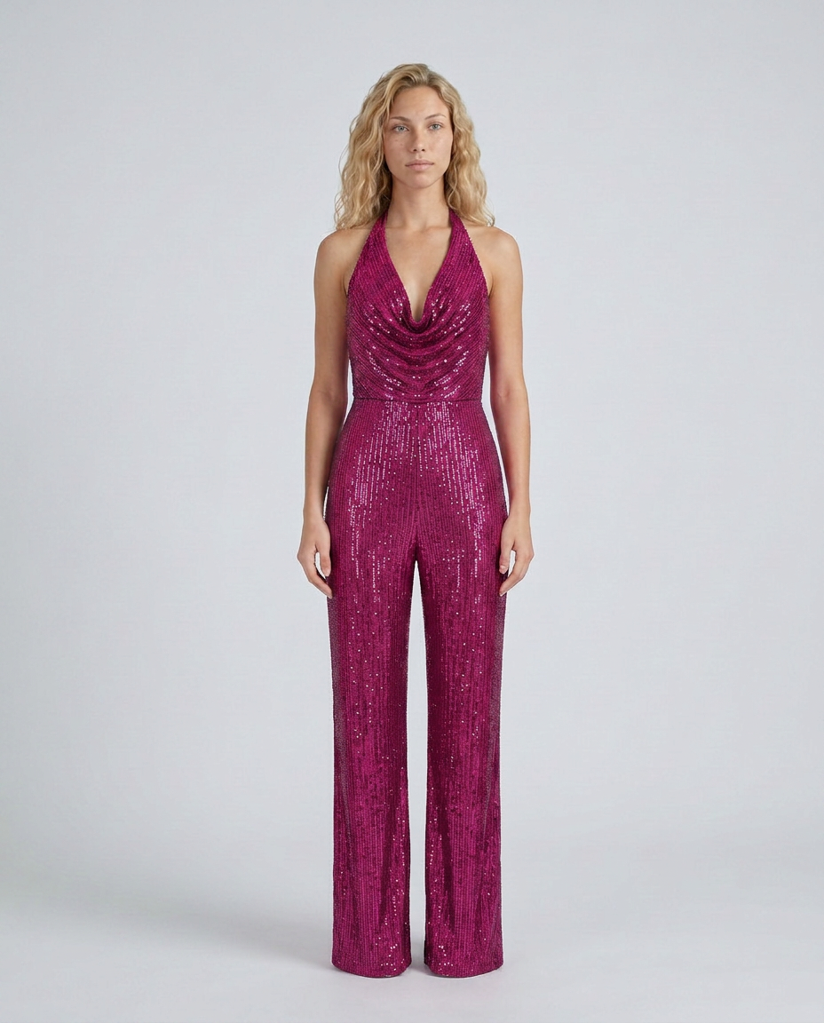 Women's Sequin Halter Neck Jumpsuit with Wide-Leg Pants 17