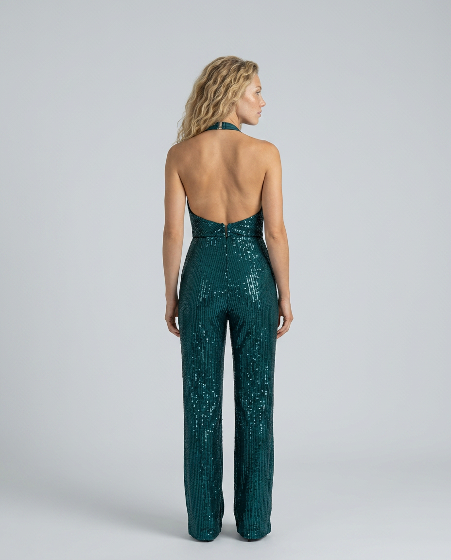 Women's Sequin Halter Neck Jumpsuit with Wide-Leg Pants 2
