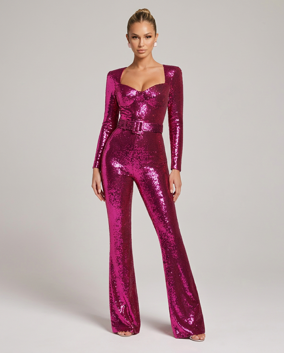 Women's Sequin Jumpsuit with Sweetheart Neckline, Long Sleeves and Belted Waist 1