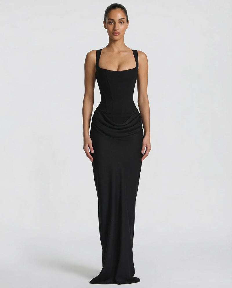Corset Maxi Dress with Draped Skirt and Lace-Up Back 1
