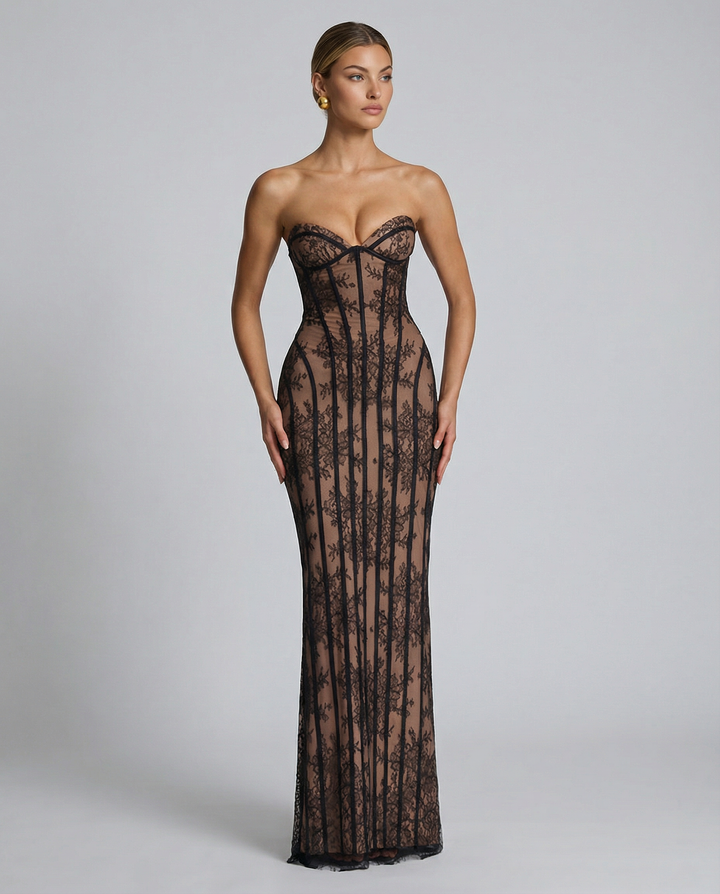 Strapless Floral Lace Corset Maxi Dress 8