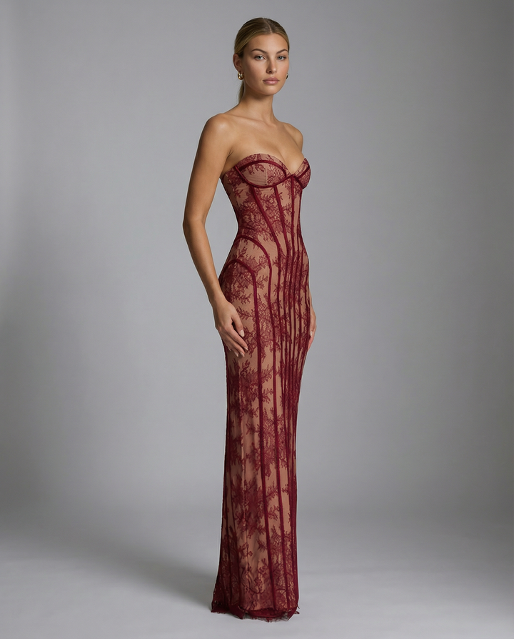 Strapless Floral Lace Corset Maxi Dress 4