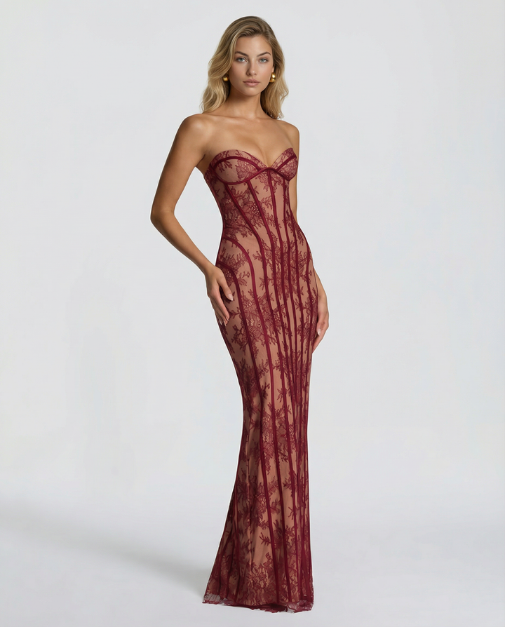 Strapless Floral Lace Corset Maxi Dress 3