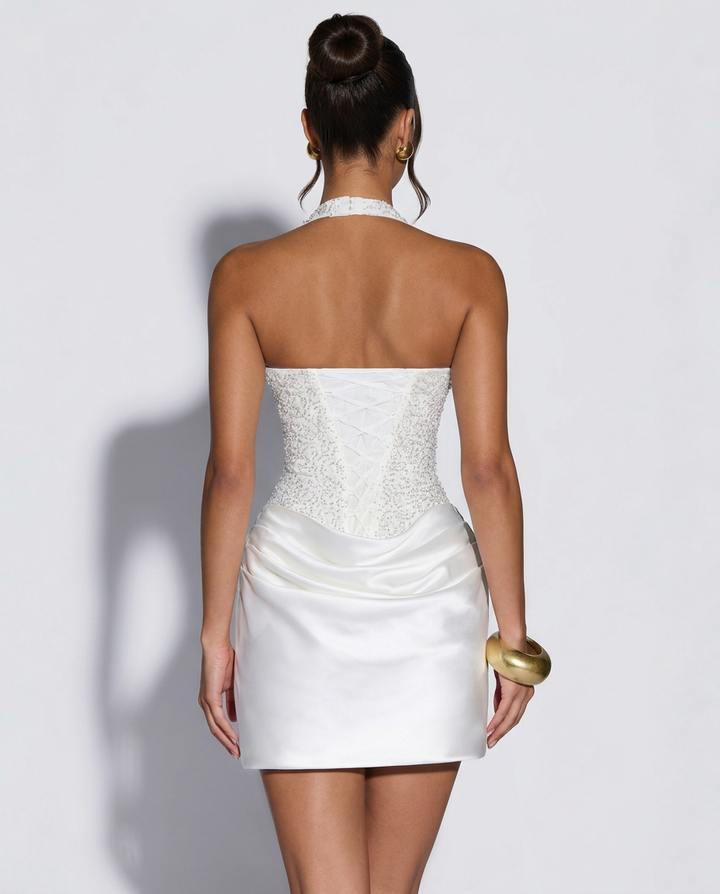 Sequin Halter Neck Corset Mini Dress with Ruched Satin-Look Skirt 5