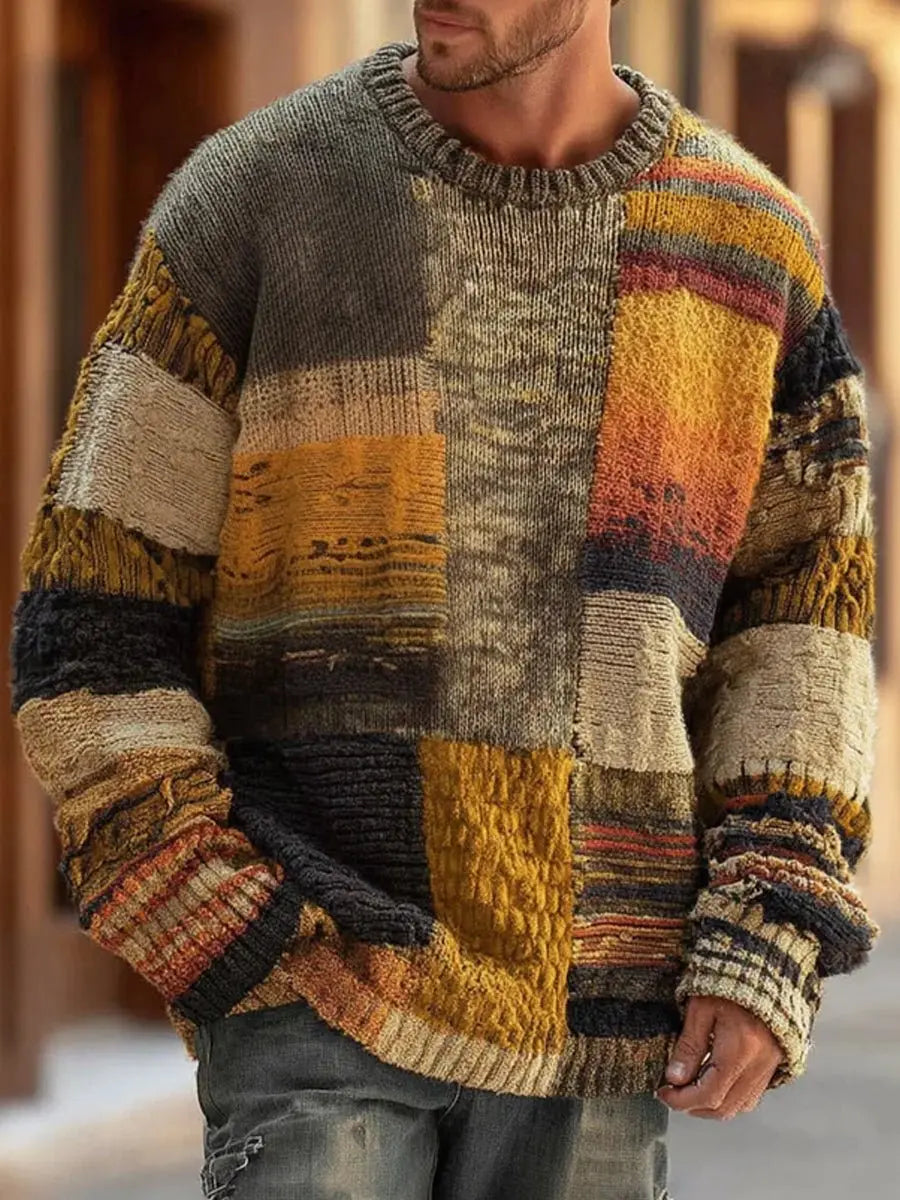 Men's Chunky Knit Sweater with Patchwork Colorblock Panels 1