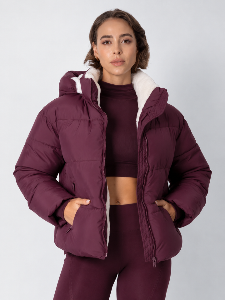 Women's Cropped Padded Puffer Jacket with Detachable Hood and Fleece Lining 16