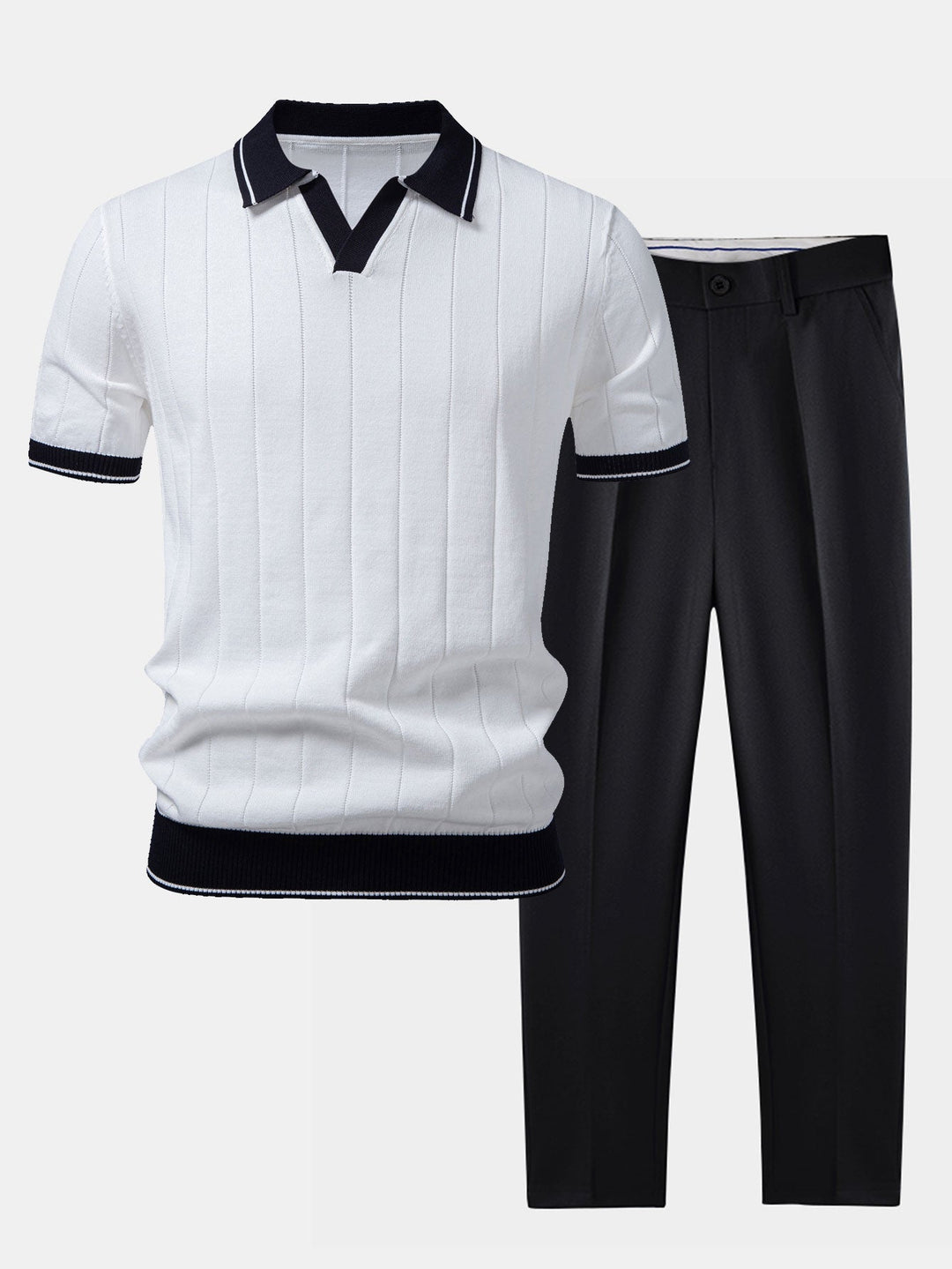 Men's Ribbed Polo & Tapered Pants Smart Casual Set 1
