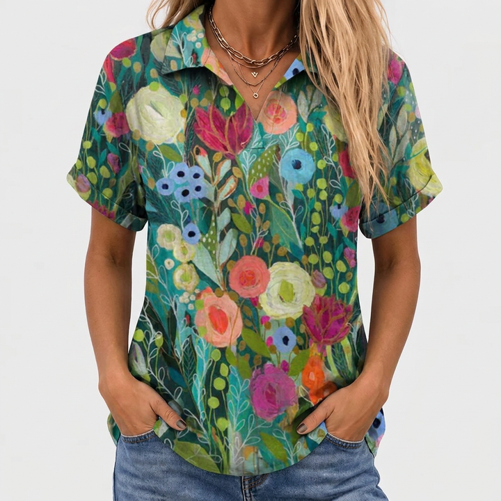 Watercolor Floral Collared Top, Relaxed Fit Cotton Linen Blend 1