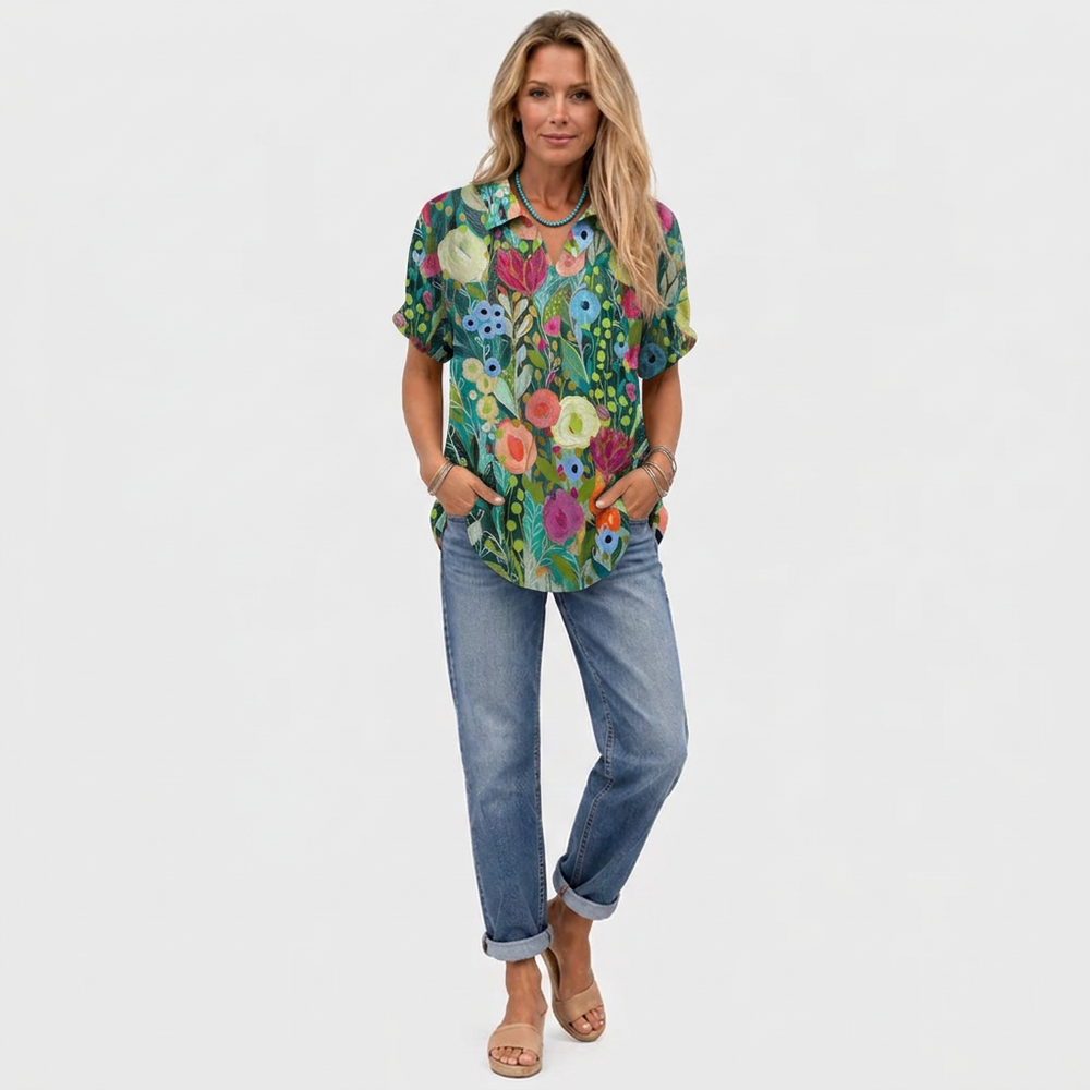 Watercolor Floral Collared Top, Relaxed Fit Cotton Linen Blend 2