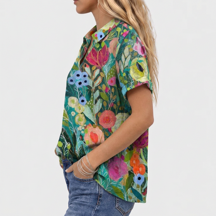 Watercolor Floral Collared Top, Relaxed Fit Cotton Linen Blend 3