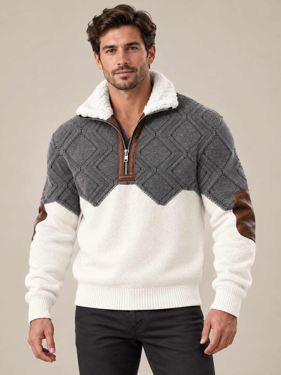 Men's Zip-Up Sweater with Lined High Collar 1