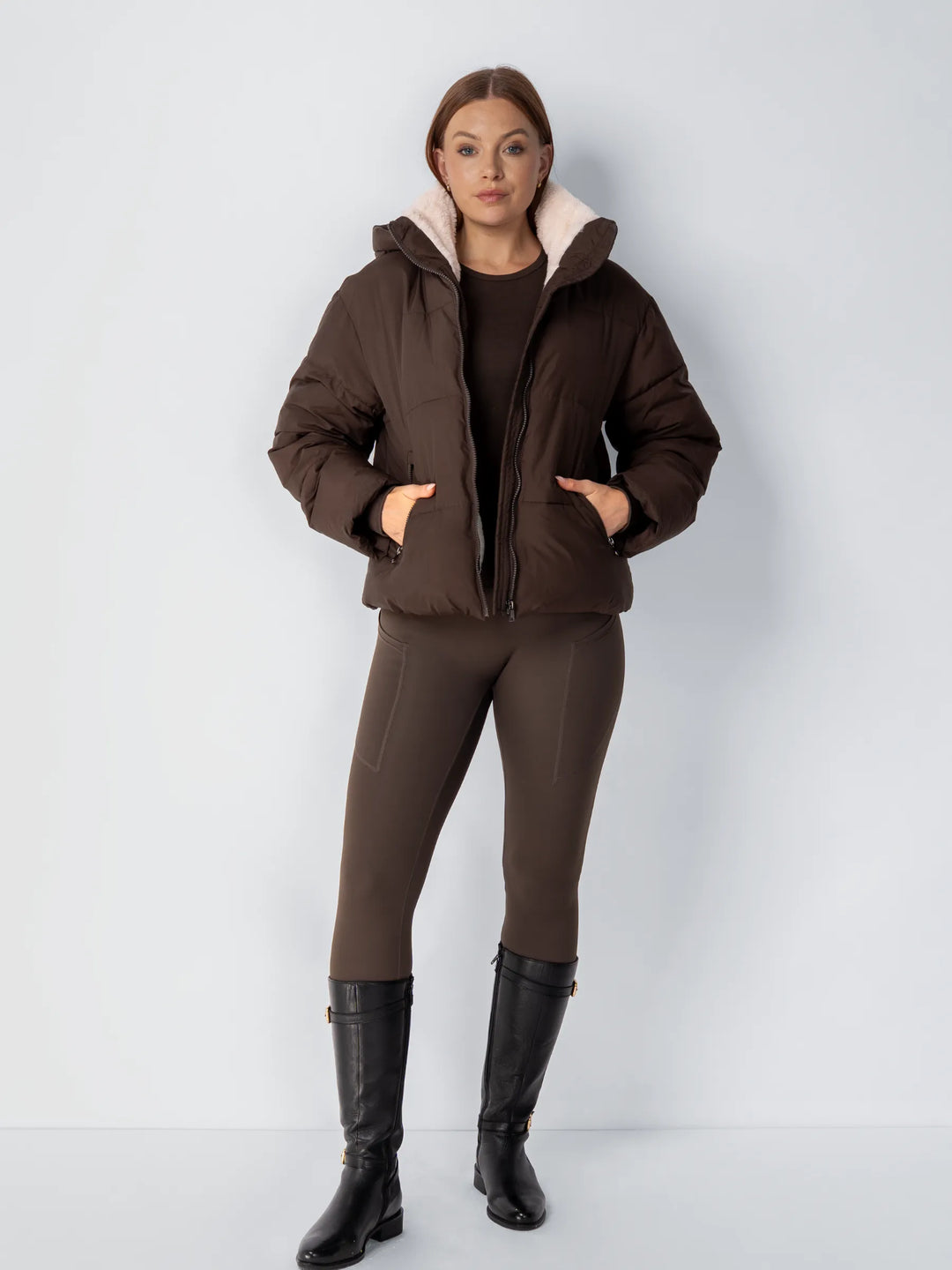 Women's Cropped Padded Puffer Jacket with Detachable Hood and Fleece Lining 15