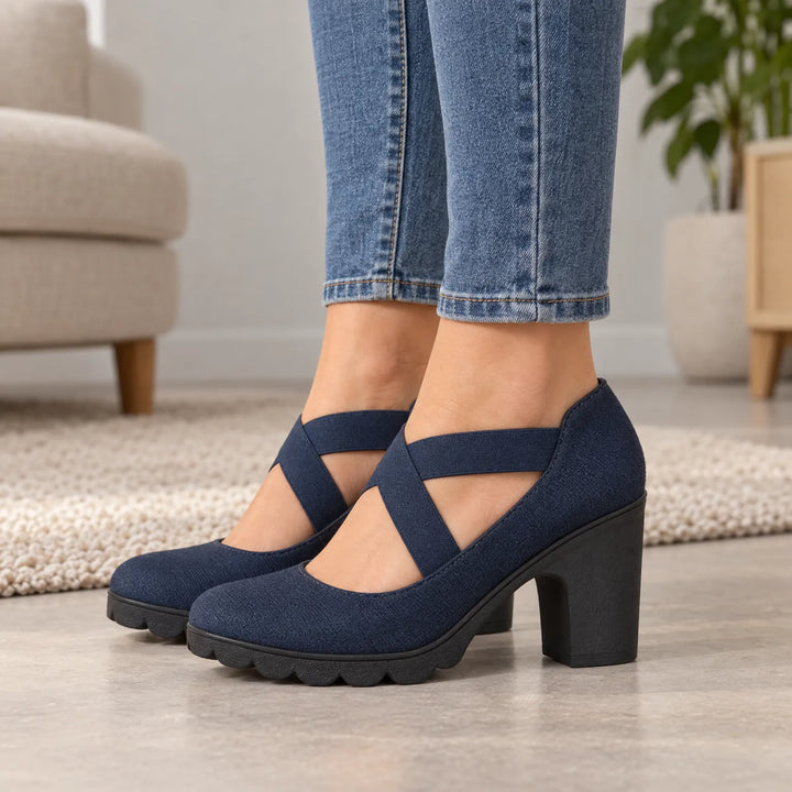 Women's Mary Jane Block Heel Shoes with Crossed Straps and Treaded Sole 2
