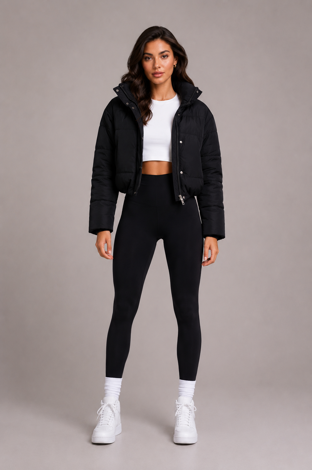 Women's Cropped Quilted Puffer Jacket with Fitted Hood 2
