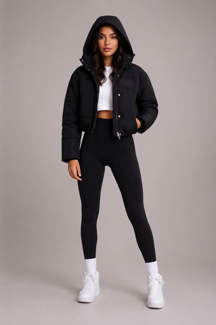 Women's Cropped Quilted Puffer Jacket with Fitted Hood 3