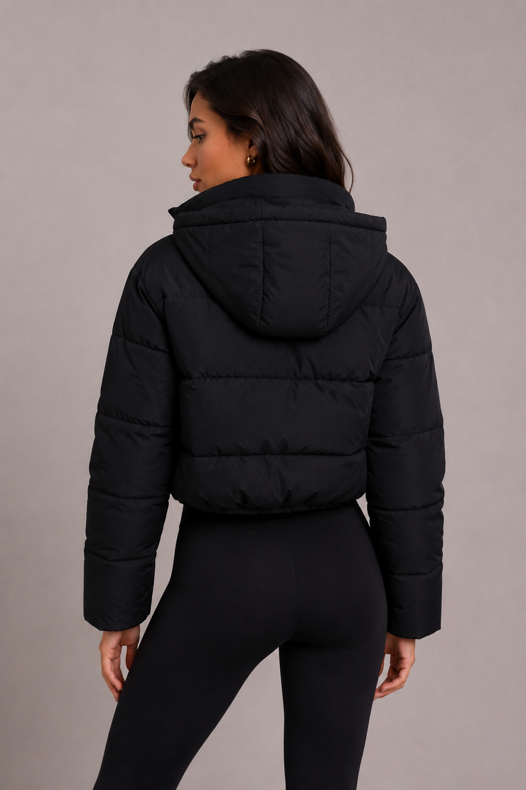 Women's Cropped Quilted Puffer Jacket with Fitted Hood 4