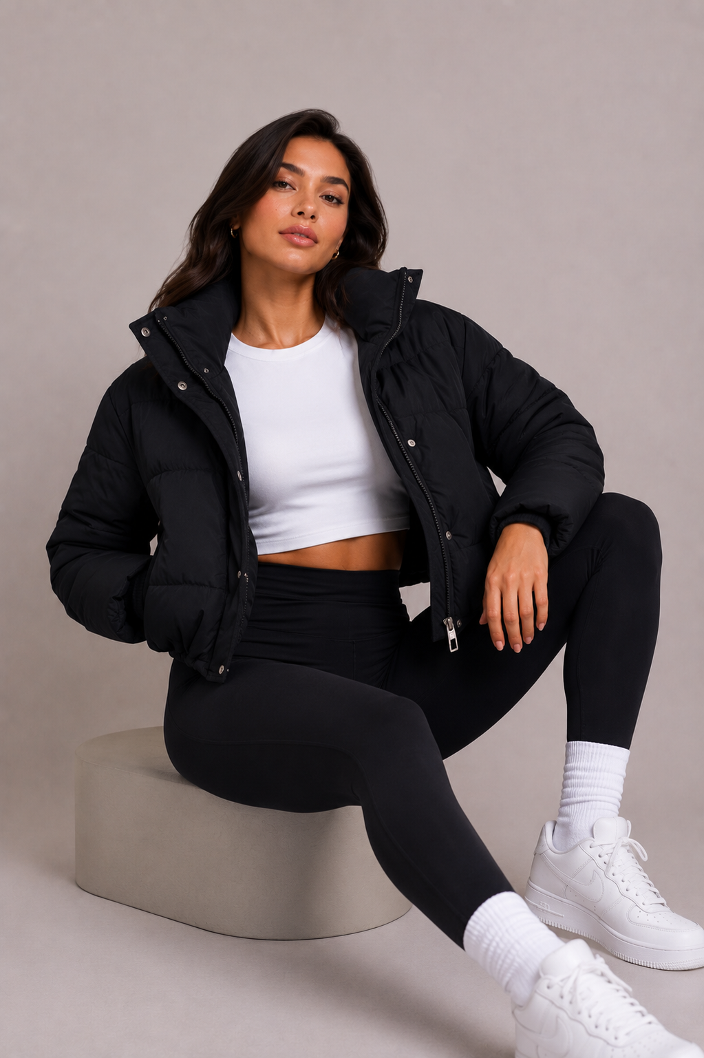 Women's Cropped Quilted Puffer Jacket with Fitted Hood 6