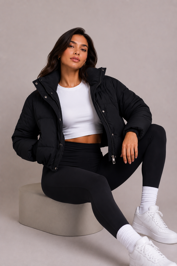 Women's Cropped Quilted Puffer Jacket with Fitted Hood 6