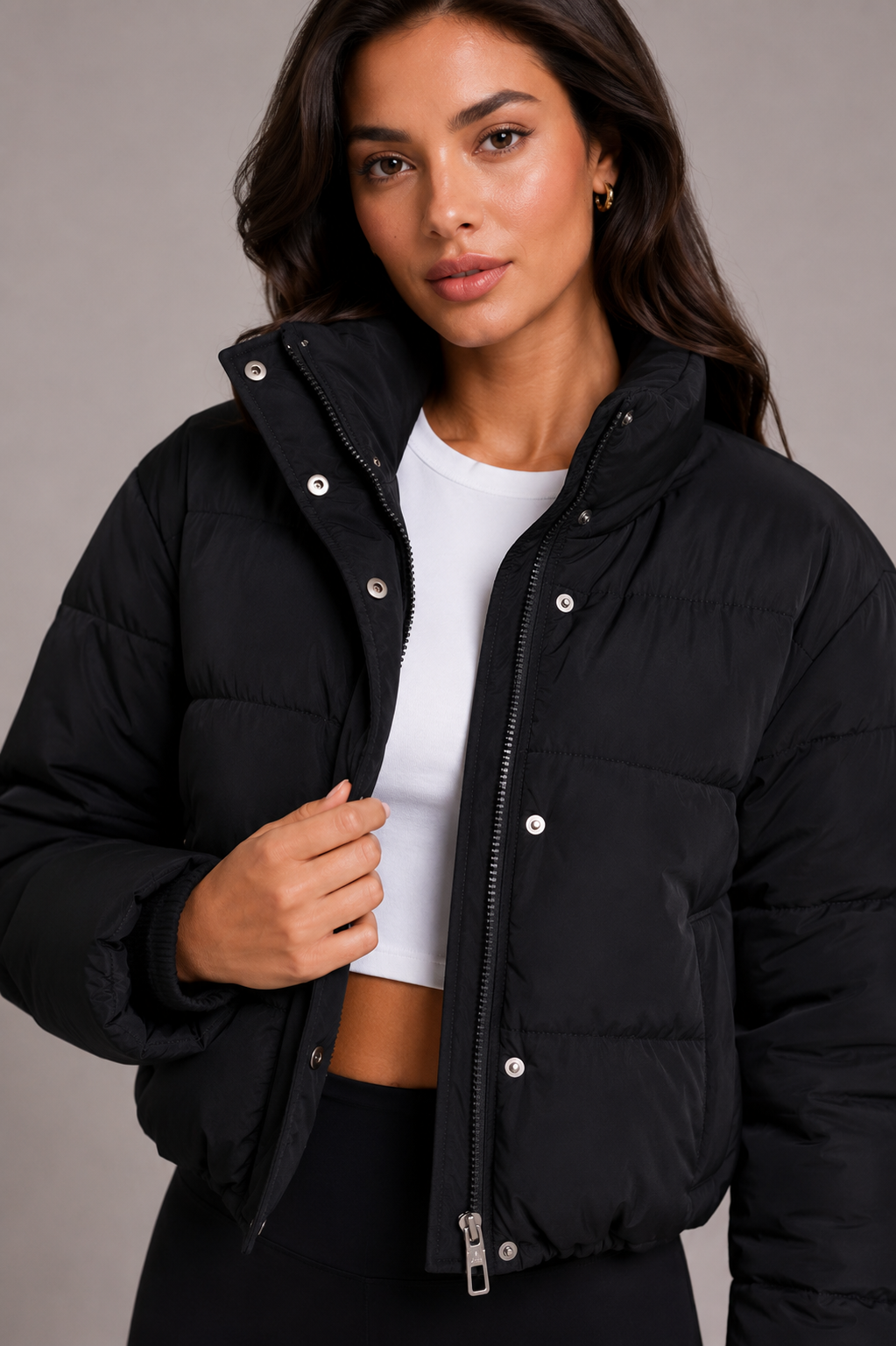 Women's Cropped Quilted Puffer Jacket with Fitted Hood 1