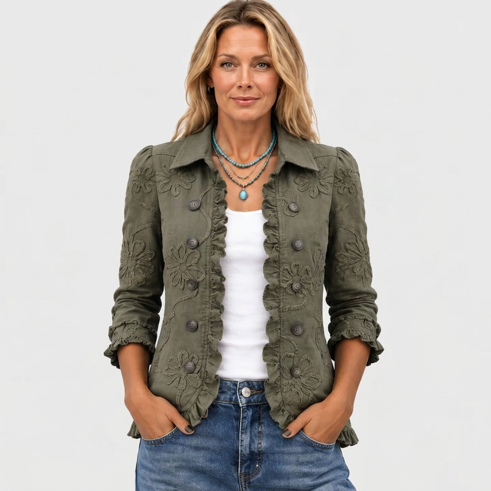 Bohemian Floral Embroidered Open-Front Jacket with Ruffle Trim 2