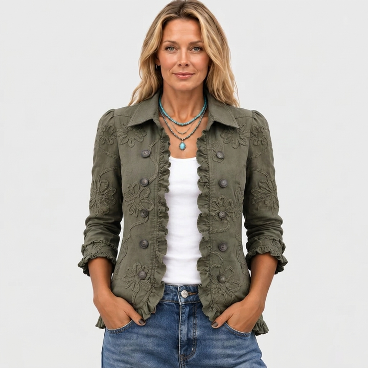 Bohemian Floral Embroidered Open-Front Jacket with Ruffle Trim 2