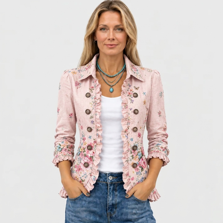 Floral Ruffle Button-Up Jacket with Collar and Open Front 2