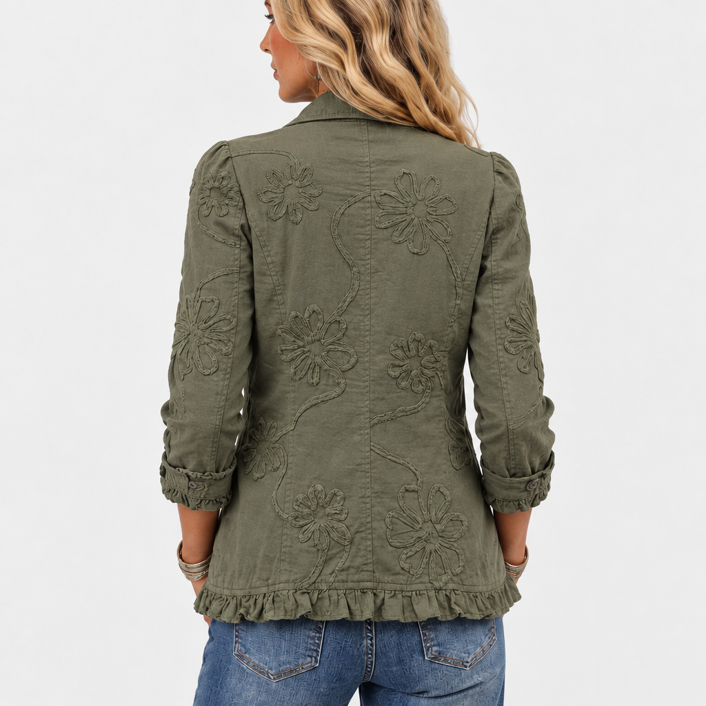 Bohemian Floral Embroidered Open-Front Jacket with Ruffle Trim 5
