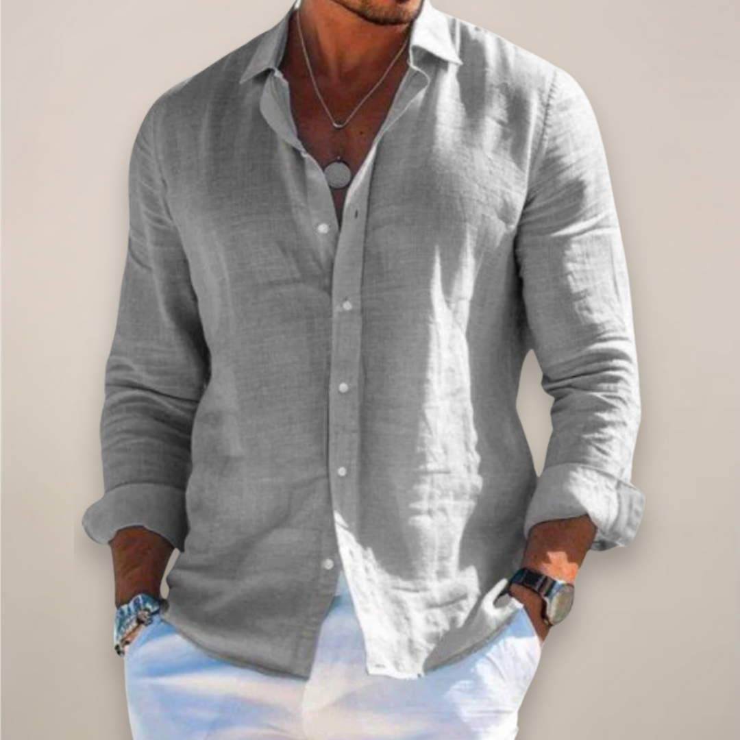 Relaxed Men's Linen Shirt with Button Front and Long Sleeves 1