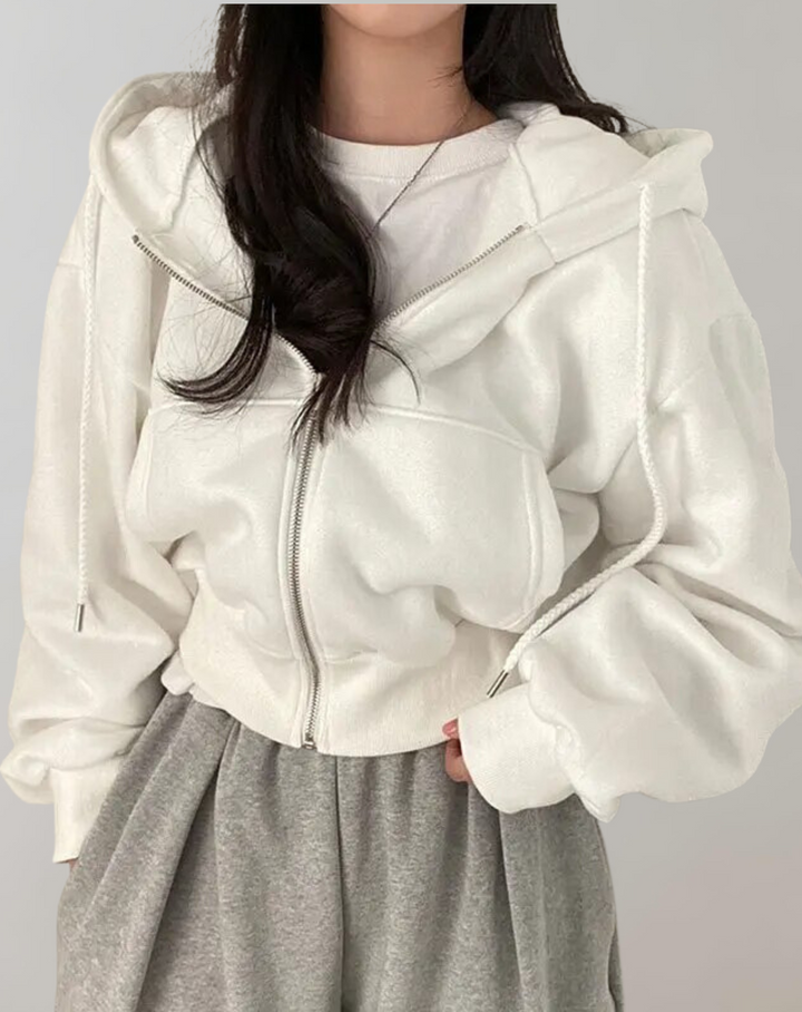 Women's Relaxed-Fit Zip-Up Hoodie with Drawstring Hood and Ribbed Trim 1