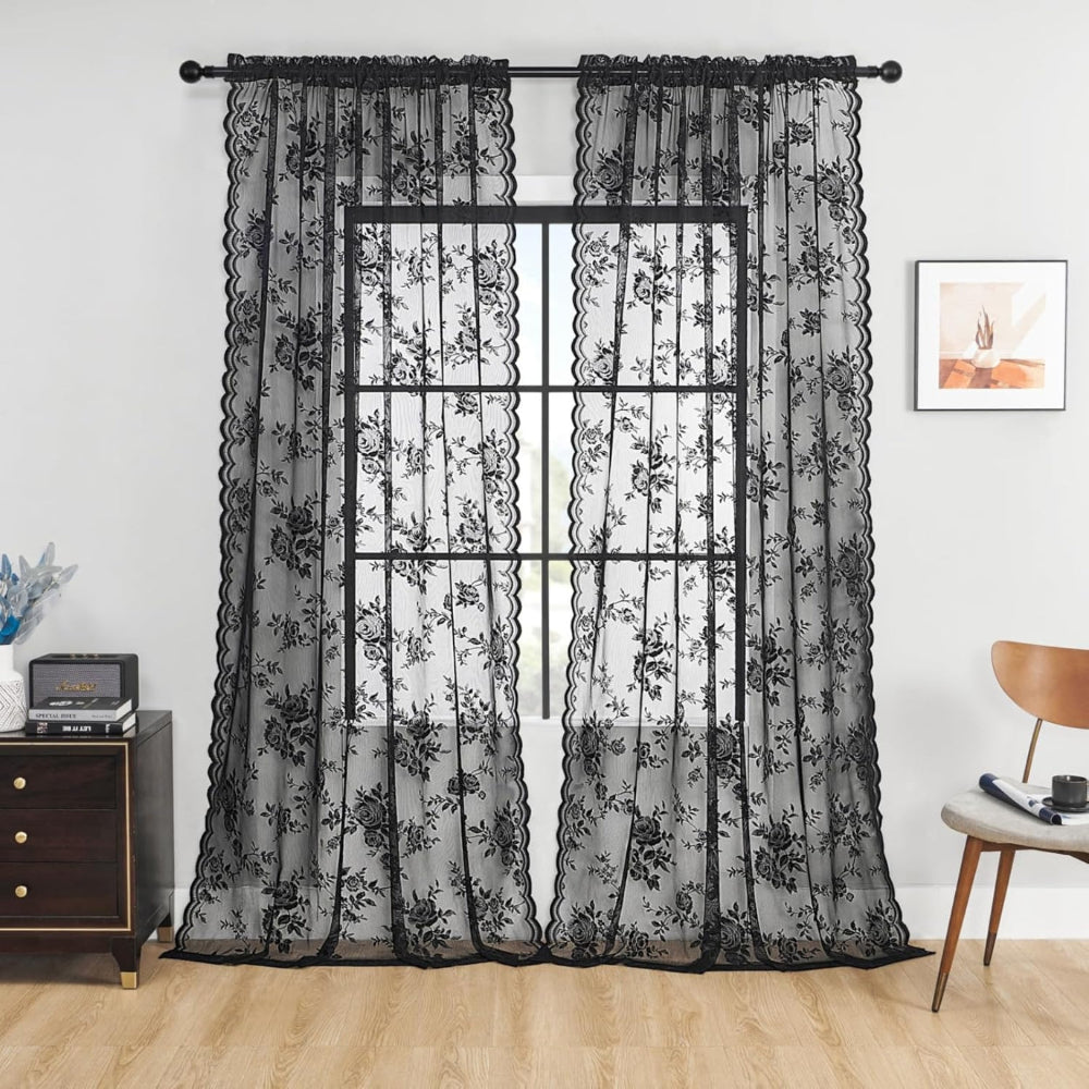 Floral Lace Sheer Curtain Panel in Soft Microfiber with Rod Pocket Top 1