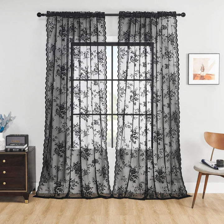 Floral Lace Sheer Curtain Panel in Soft Microfiber with Rod Pocket Top 1