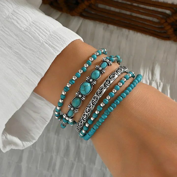 Bohemian Bracelet Set – 5-Piece Turquoise Beaded Stack 1