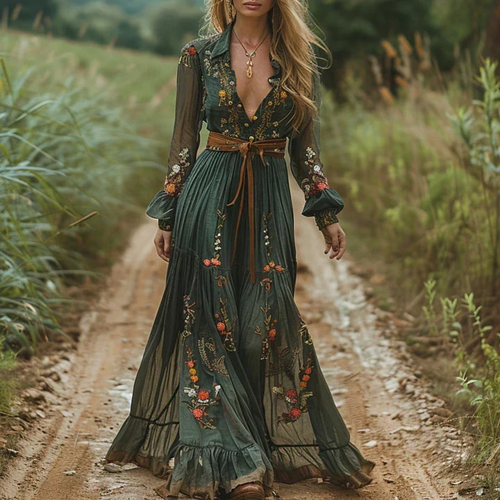 Women's Embroidered Boho Maxi Dress with Sheer Sleeves for Evening 1